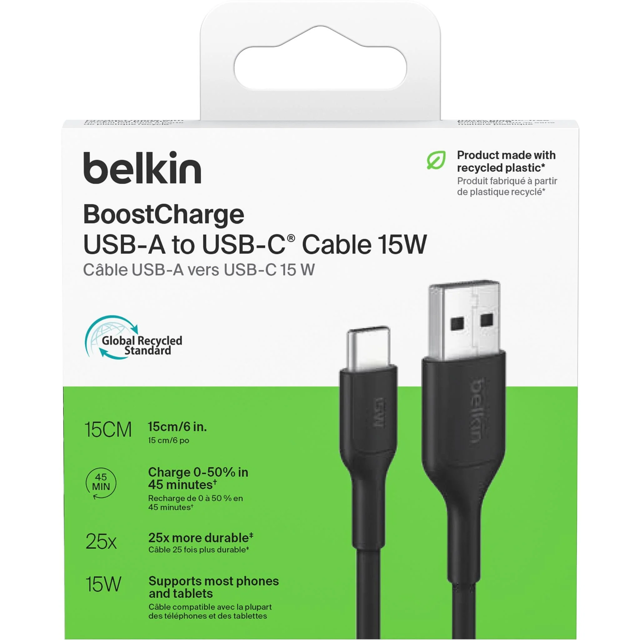 Belkin BoostCharge USB-A to USB-C Cable 15W 15cm (Black) - Image 3