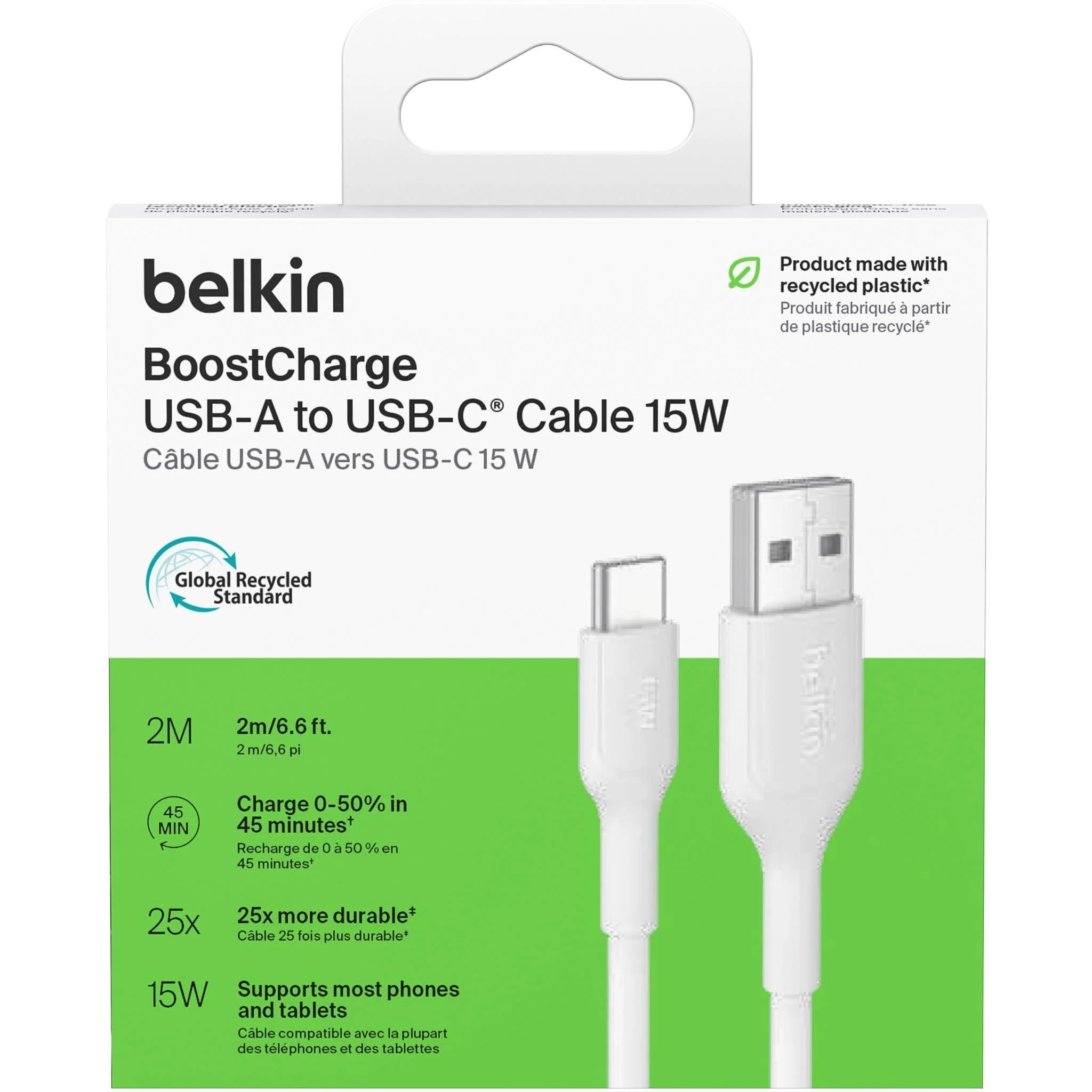 Belkin BoostCharge USB-A to USB-C Cable 15W 2m (White) - Image 2