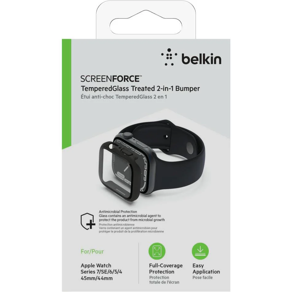 Belkin Tempered Glass Screen Protector for Apple Watch 45mm 4/5/6/SE/SE2/7/8 & 9 (Black) - Image 3