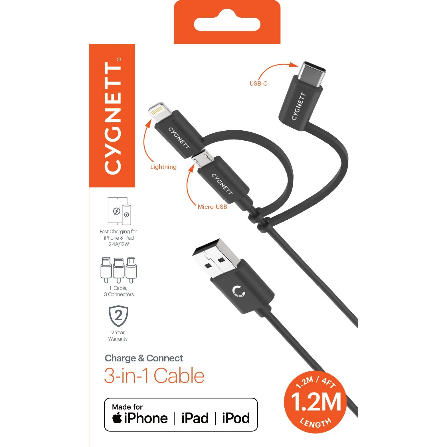 Cygnett Charge & Connect 3-in-1 Cable 1.2m (Black) - Image 6