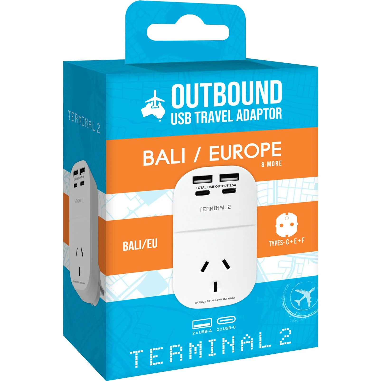 Terminal 2 Outbound Travel Adaptor with 4 USB Ports for Europe, Russia, Vietnam & More - Image 3