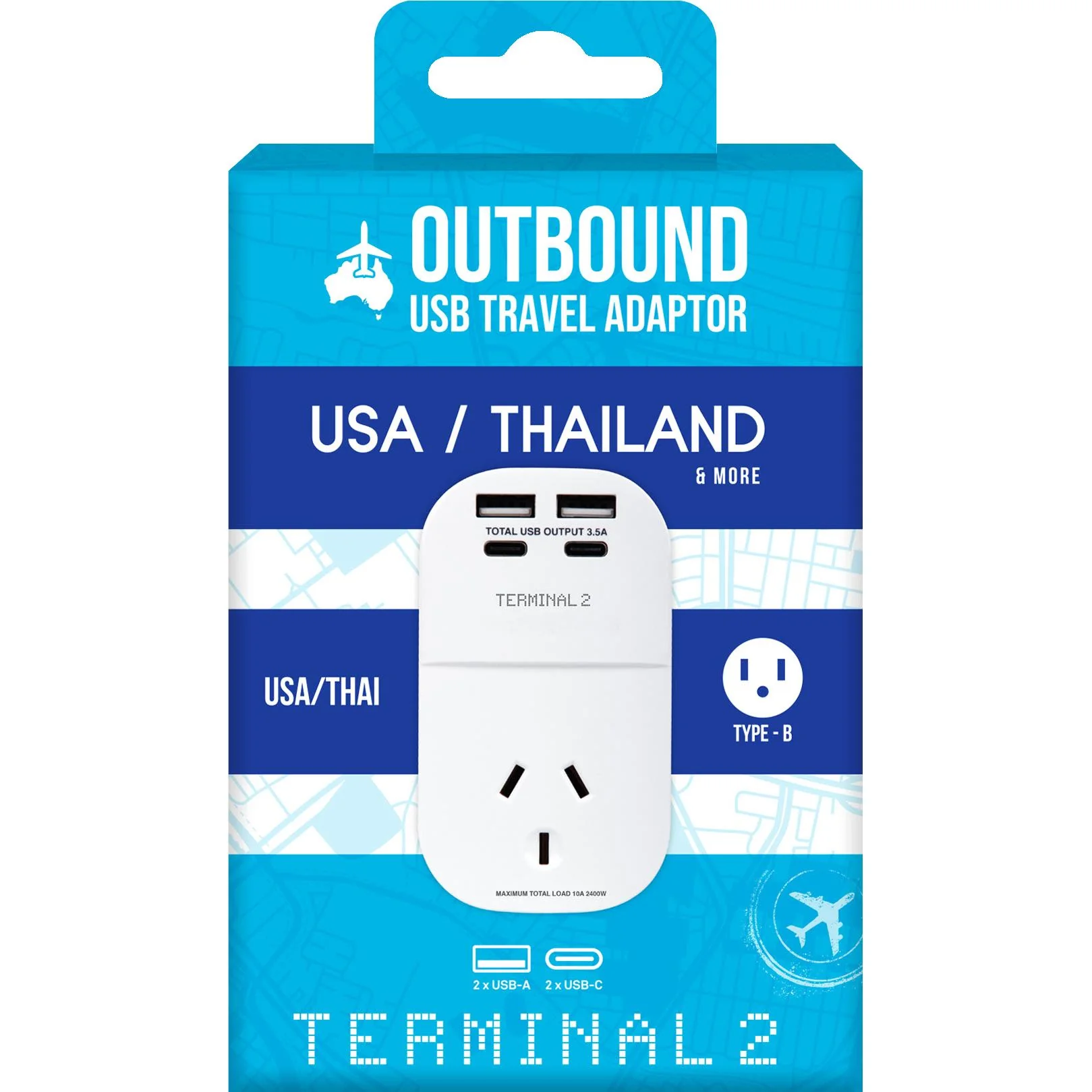 Terminal 2 Outbound Travel Adaptor with 4 USB Ports for America, Canada & More - Image 2