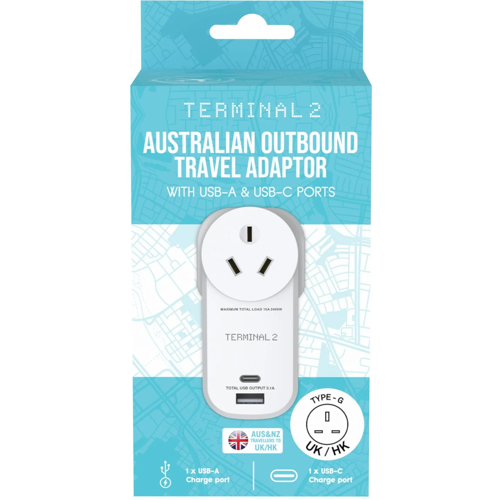 Terminal 2 Outbound Travel Adaptor with USB-A and USB-C Ports UK - Image 3