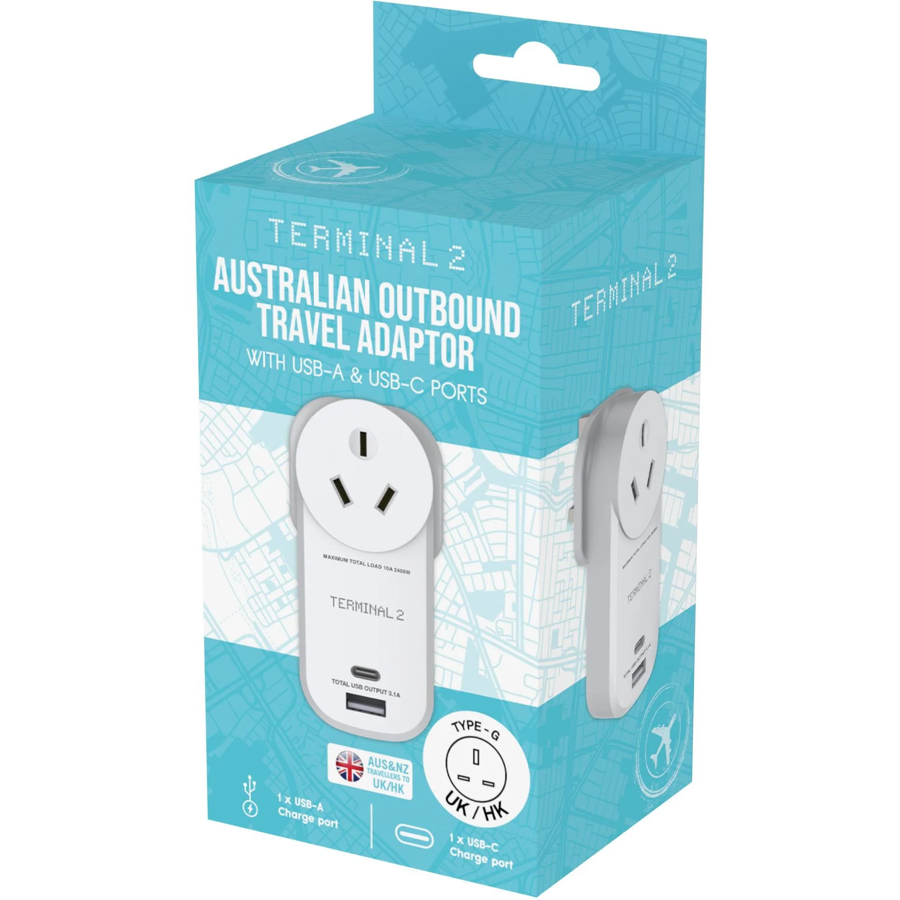 Terminal 2 Outbound Travel Adaptor with USB-A and USB-C Ports UK - Image 4