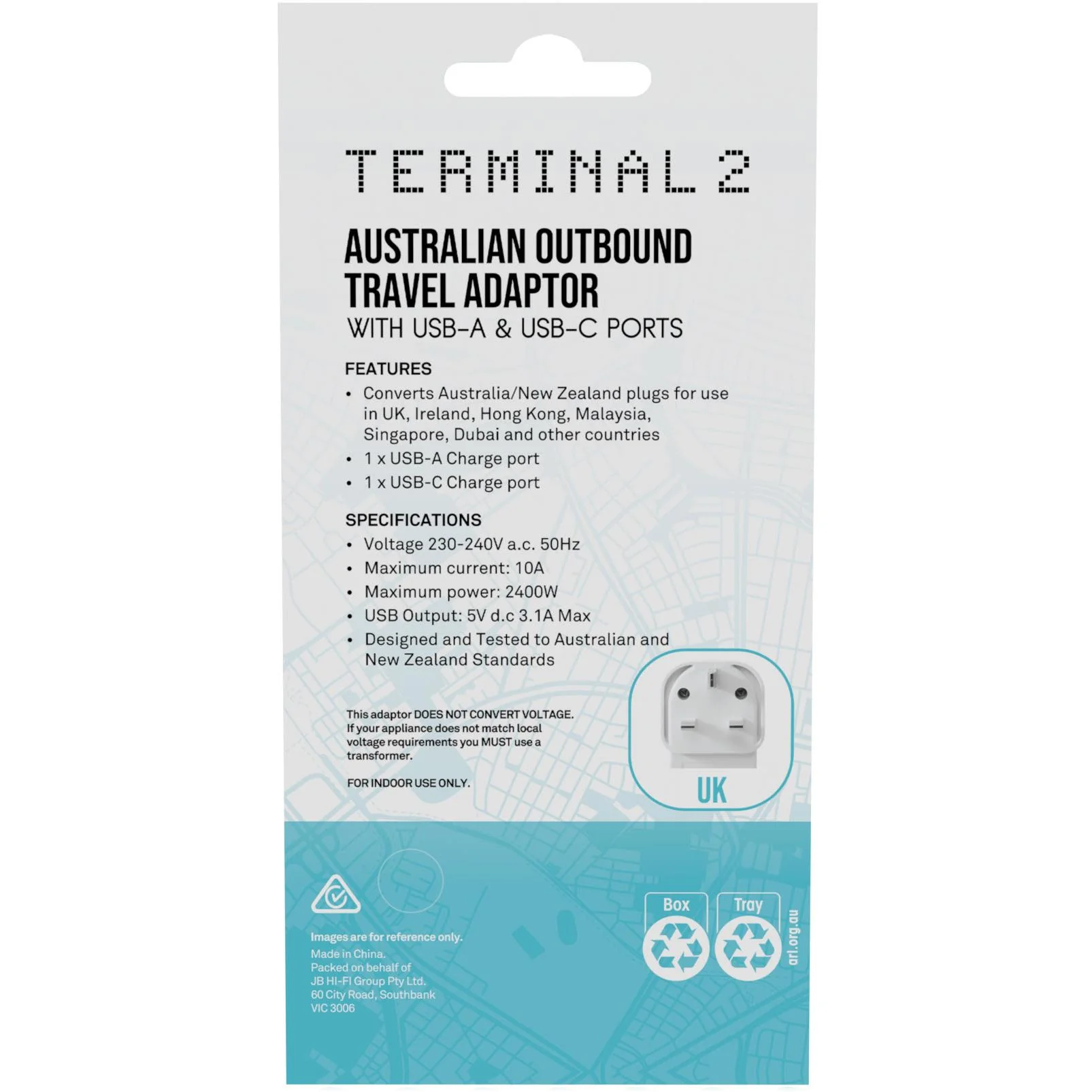 Terminal 2 Outbound Travel Adaptor with USB-A and USB-C Ports UK - Image 5